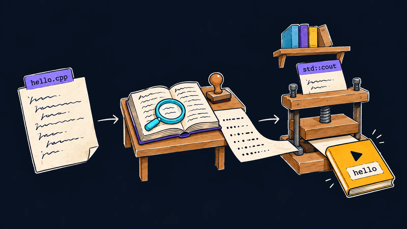 The manuscript hello.cpp passes the translator's desk and the binder's press, which sews it with a std::cout page into the book hello