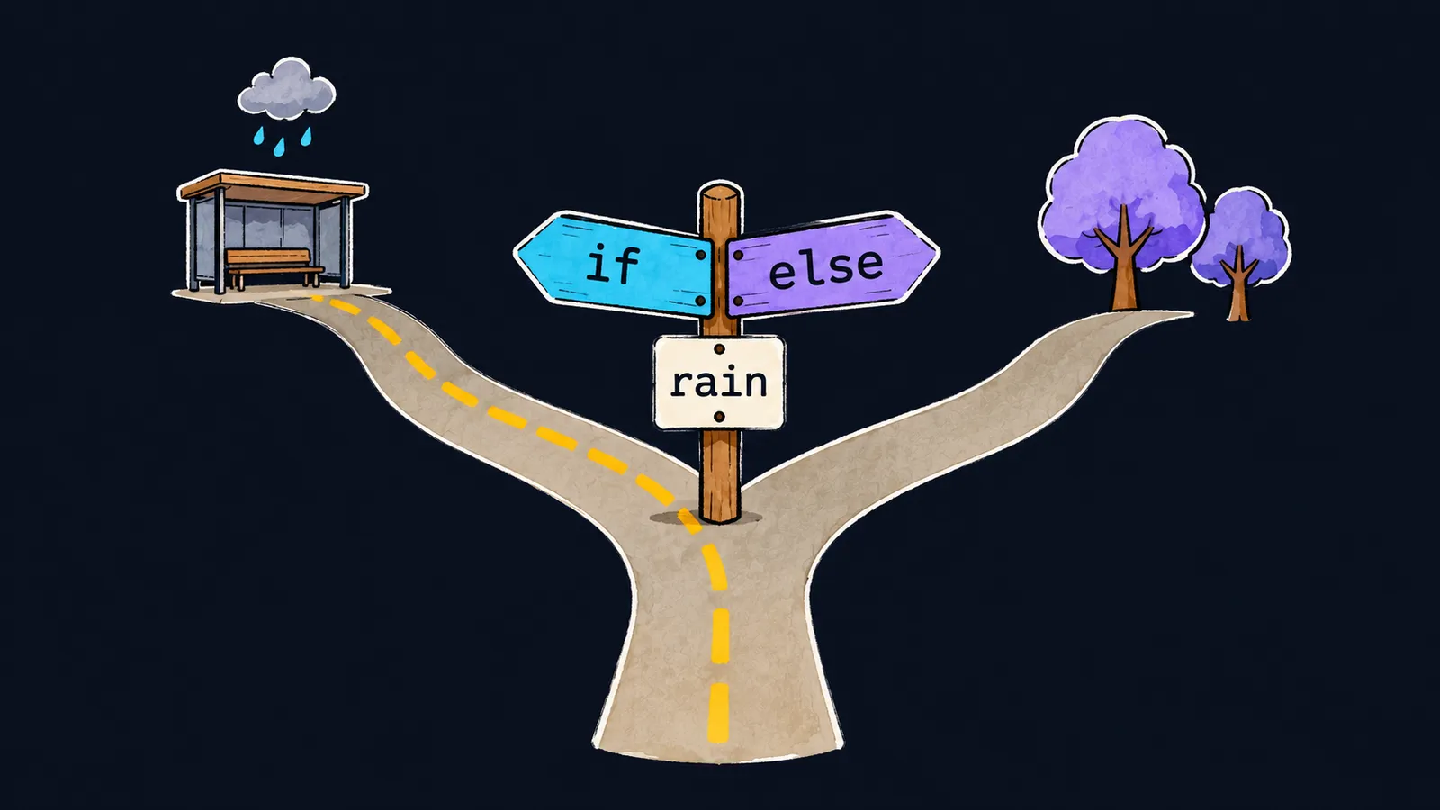 A fork with a signpost: a plate rain, the if arrow left to a bus stop, the else arrow right to the trees