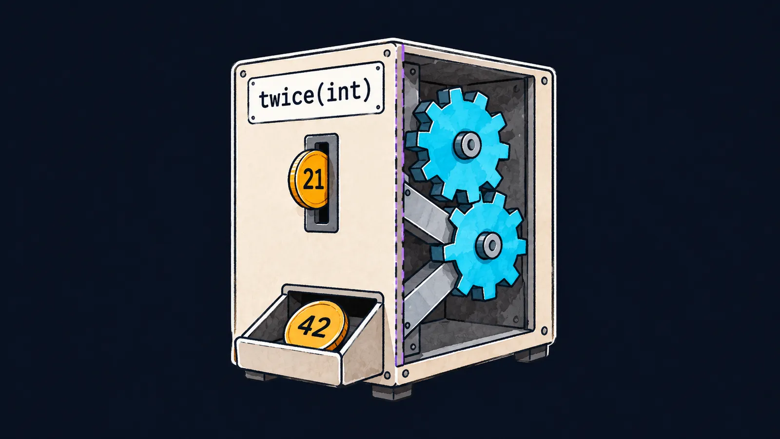 A cutaway machine with the panel twice(int); token 21 goes into the slot, gears turn inside, token 42 drops into the tray