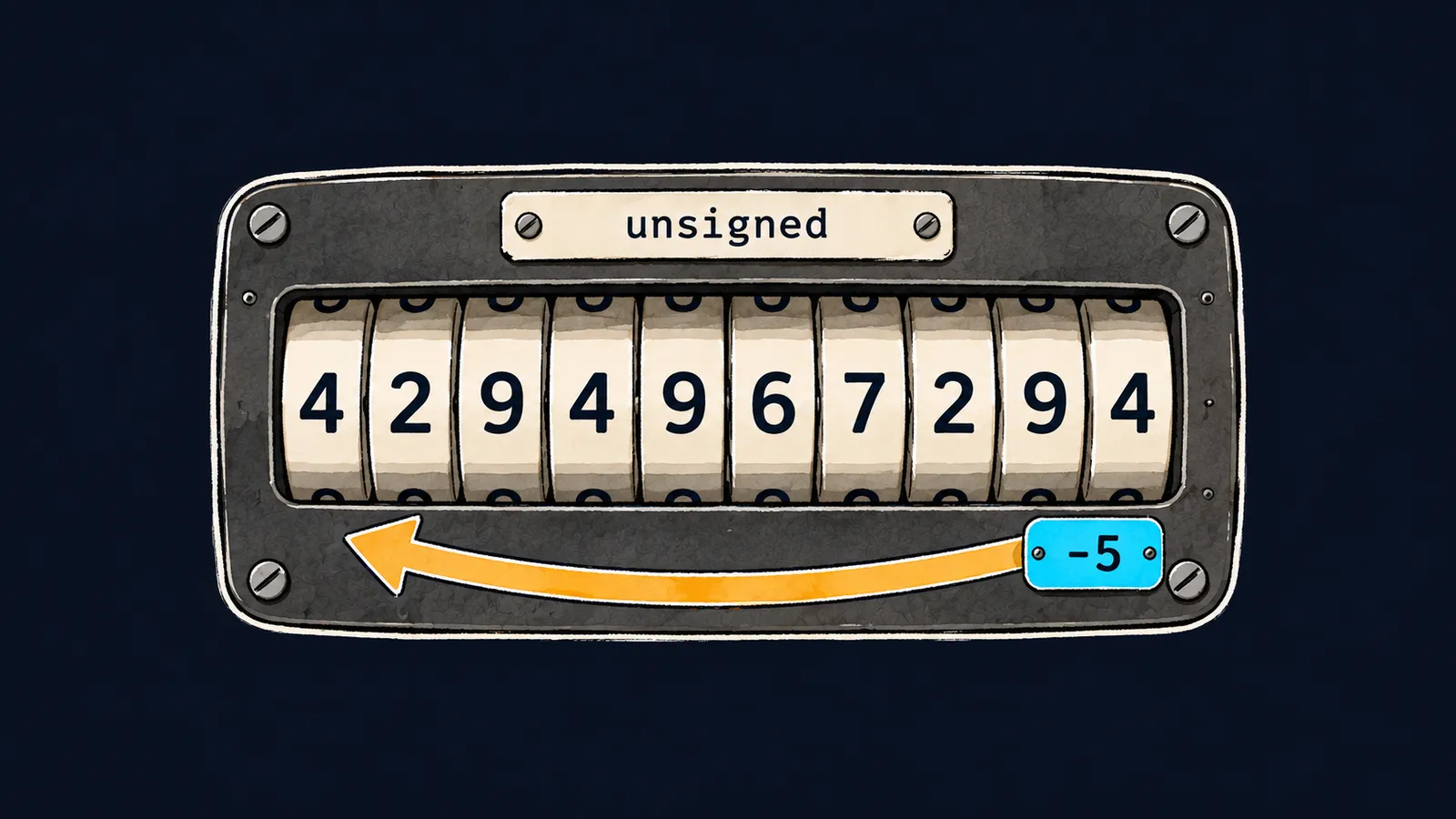 An odometer unsigned wound back by -5, its wheels showing 4294967294