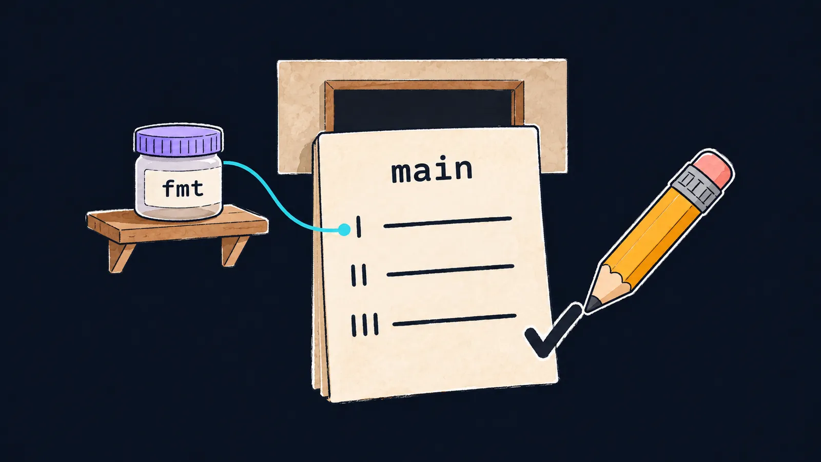 A recipe card main, a pantry jar fmt and the proofreader's tick in front of the kitchen hatch