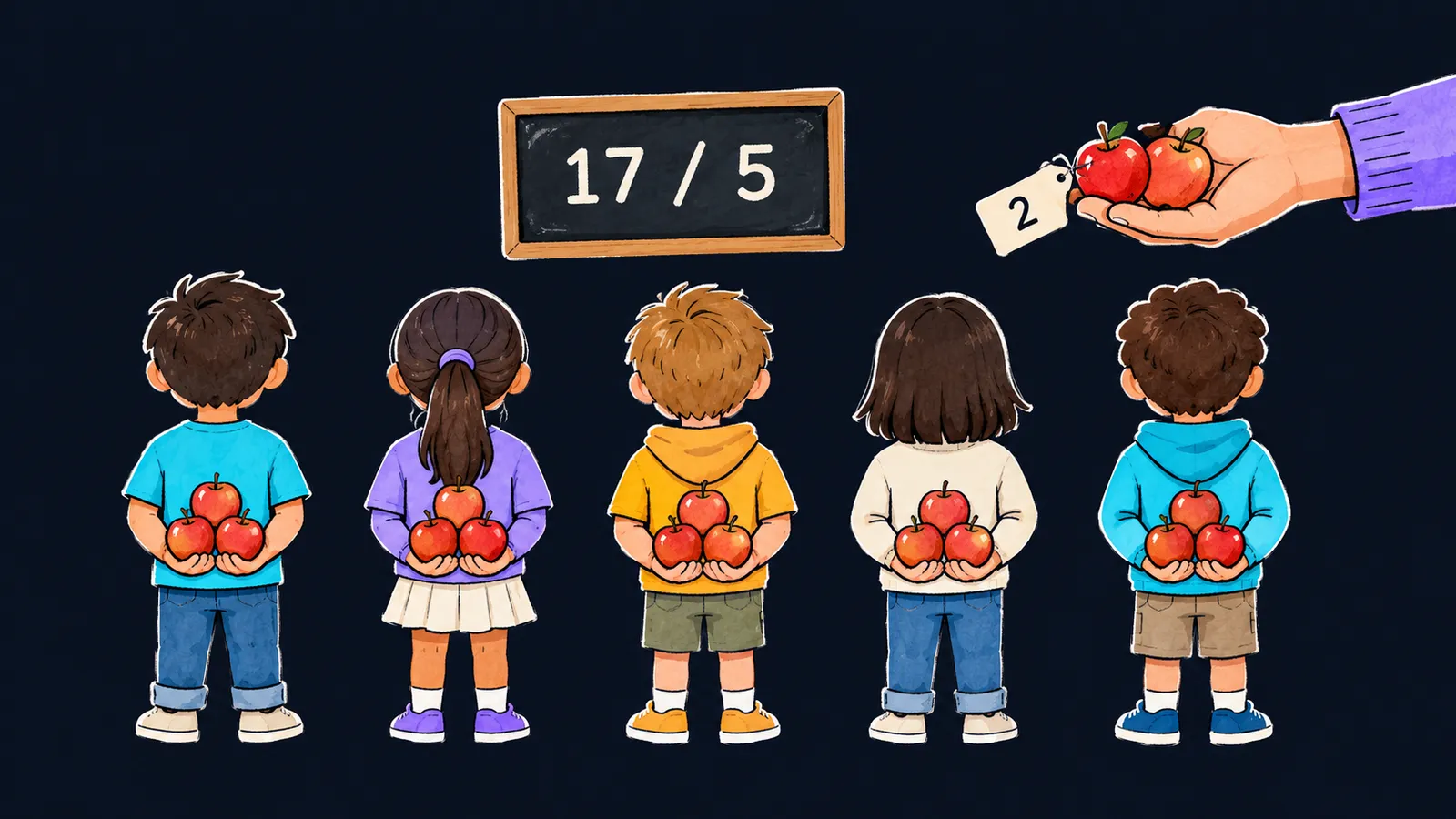 An adult shares 17 apples between five children, three each, and two apples stay in the adult's hand