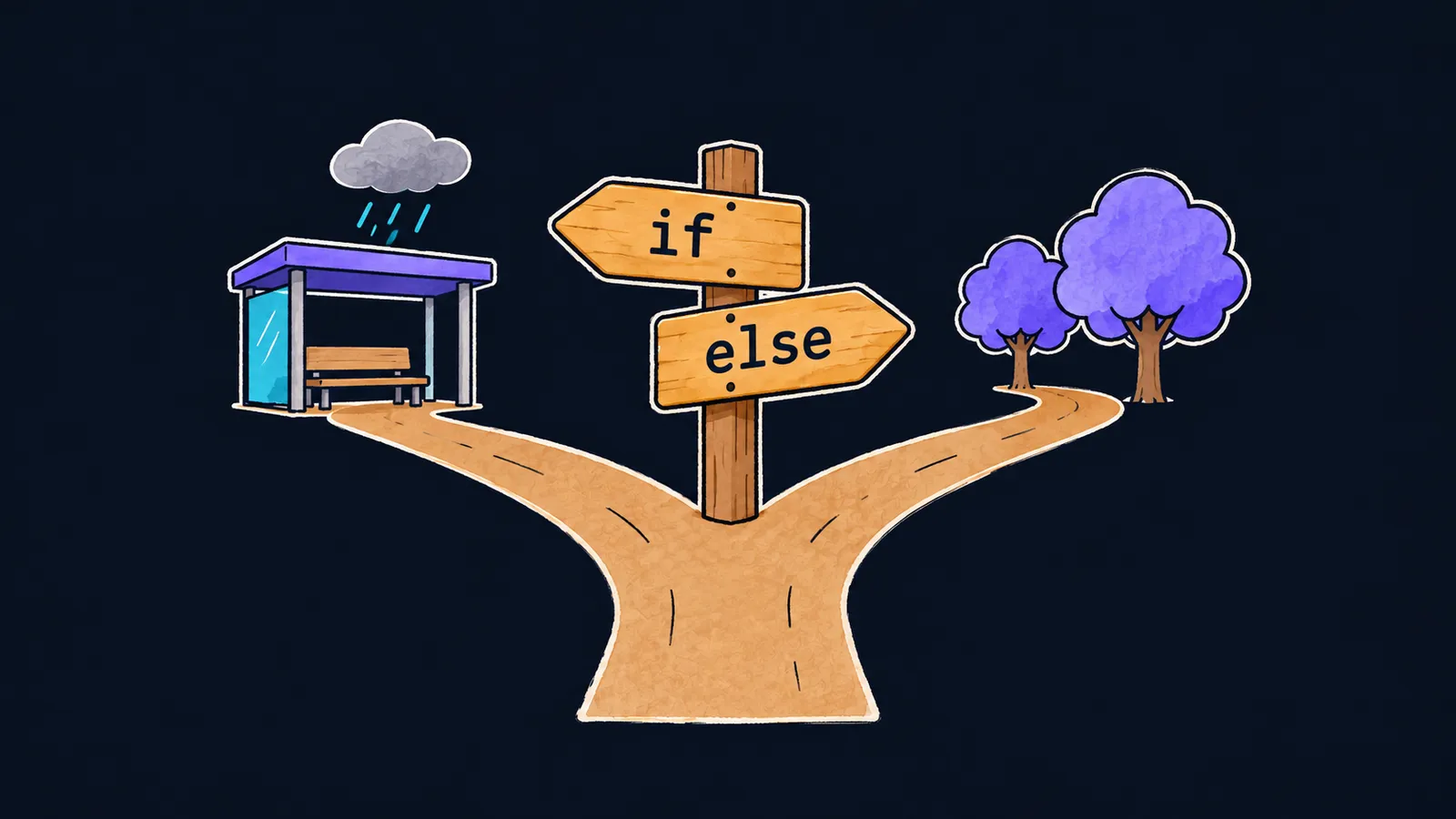 A fork in the road with a signpost: if to the left to a bus stop, else to the right through a park