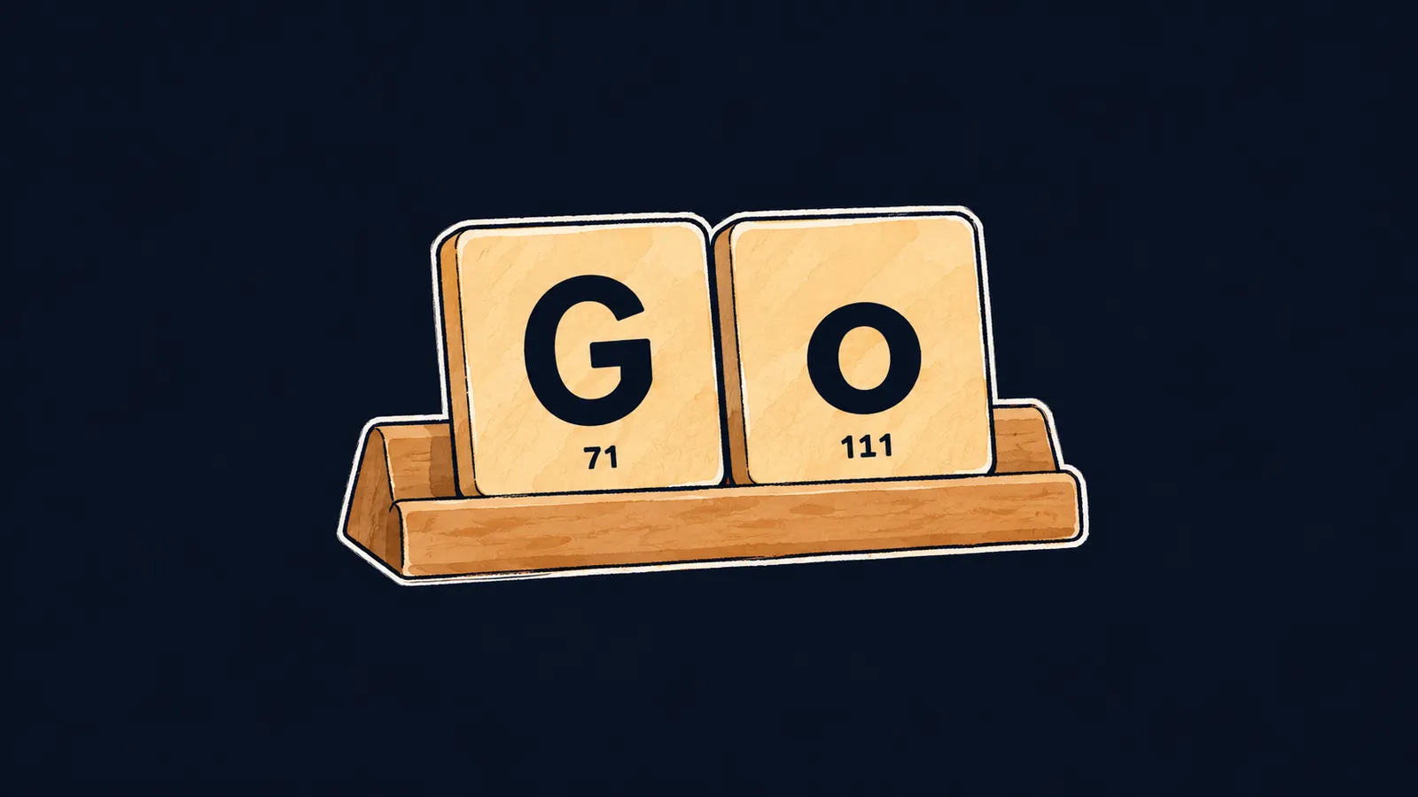 Two letter tiles G and o from a word game, each with its code printed on it, 71 and 111