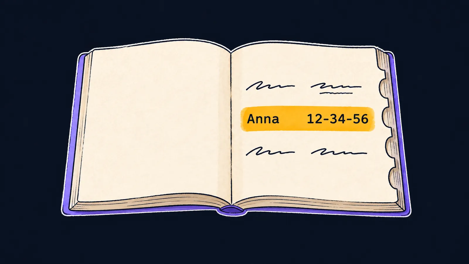 An open phone book: in the row Anna the number 12-34-56 stands next to the name
