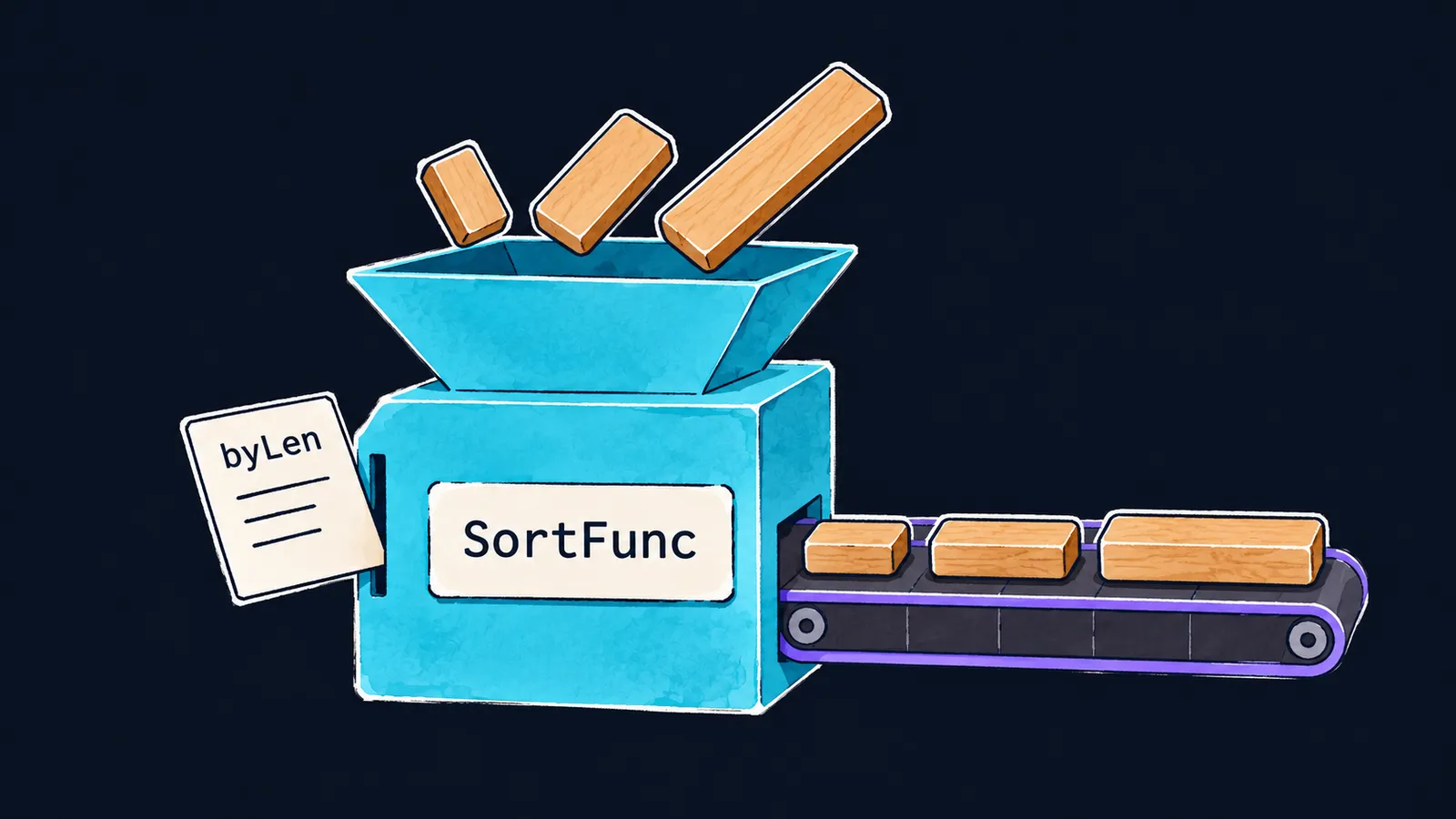 A sorting machine SortFunc with the rule card byLen in its slot, and tiles come out from shortest to longest