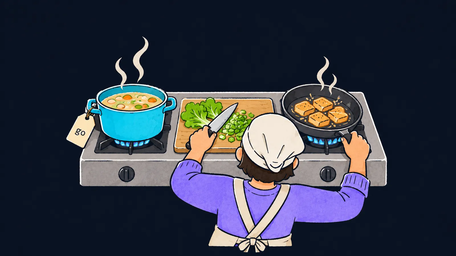 One cook tends three dishes at once, a soup, a salad and a pan, with a tag reading go on the soup pot