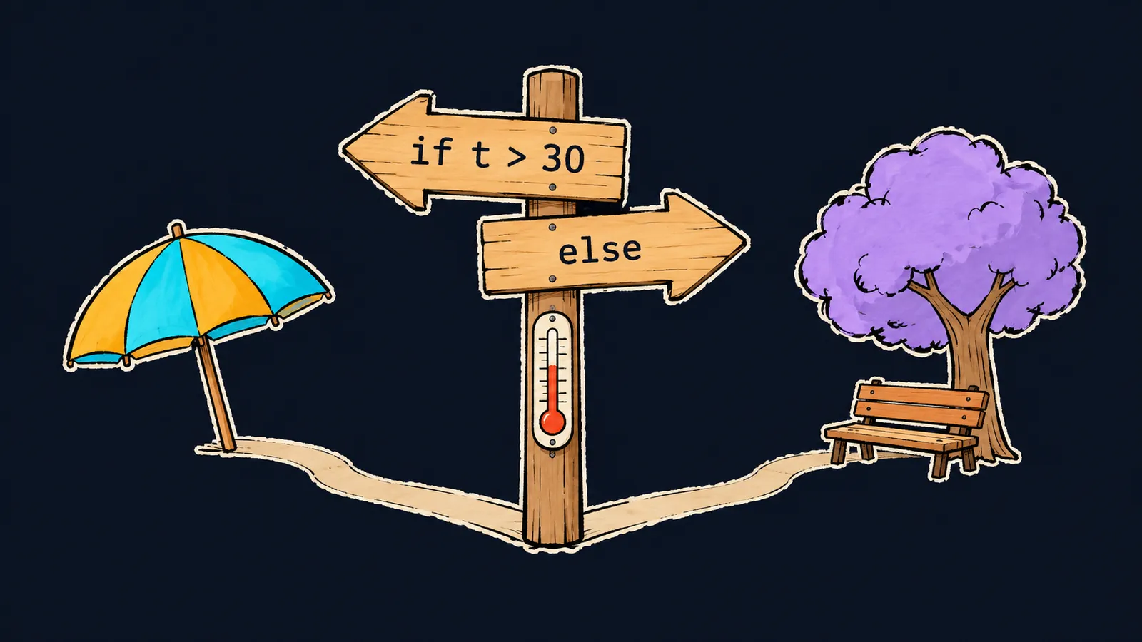 A signpost with a thermometer: the arrow if t > 30 leads to a beach umbrella, the arrow else to a park bench