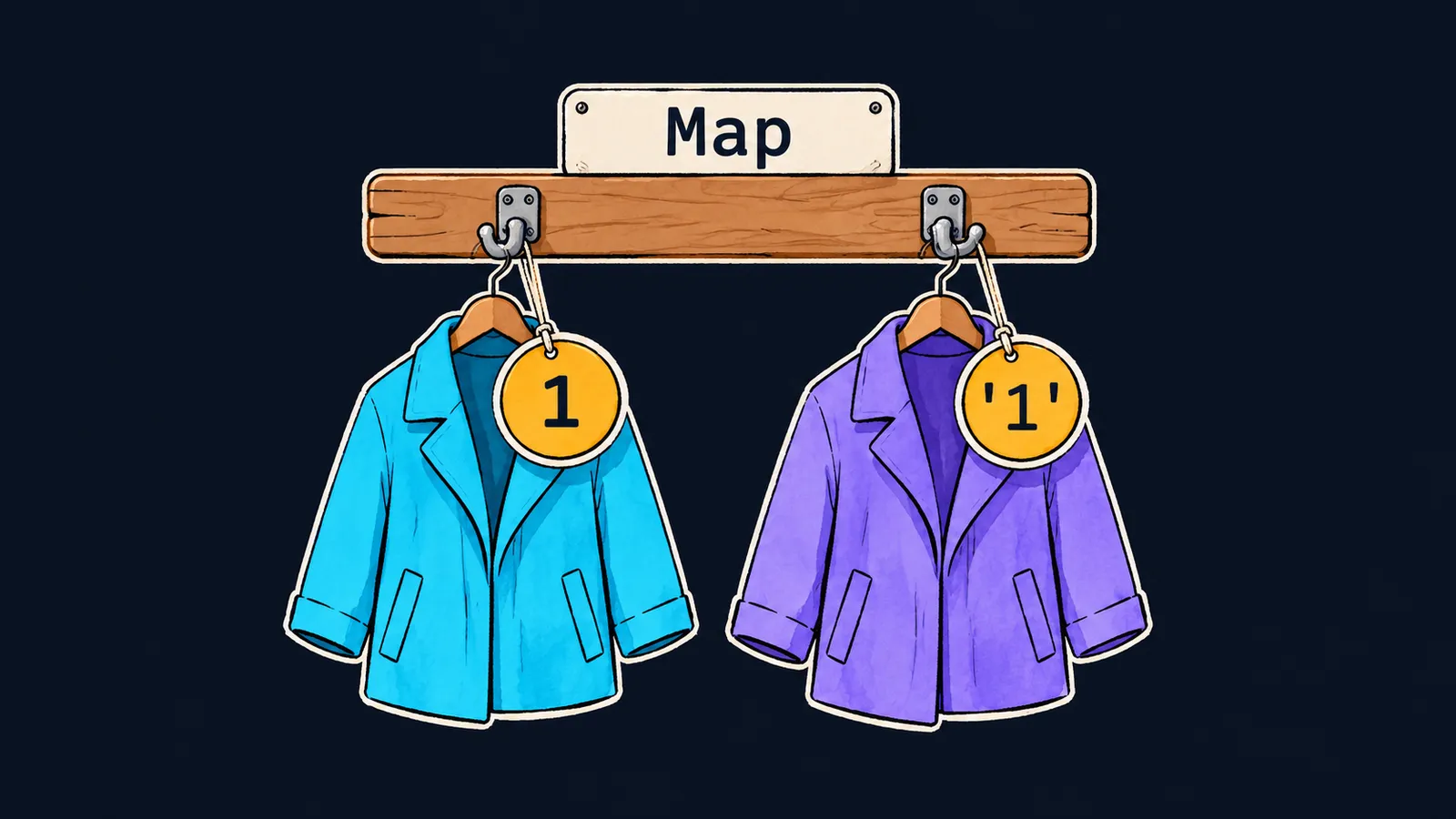A coat rail Map with two hooks and two coats, the discs 1 and '1' being two different keys