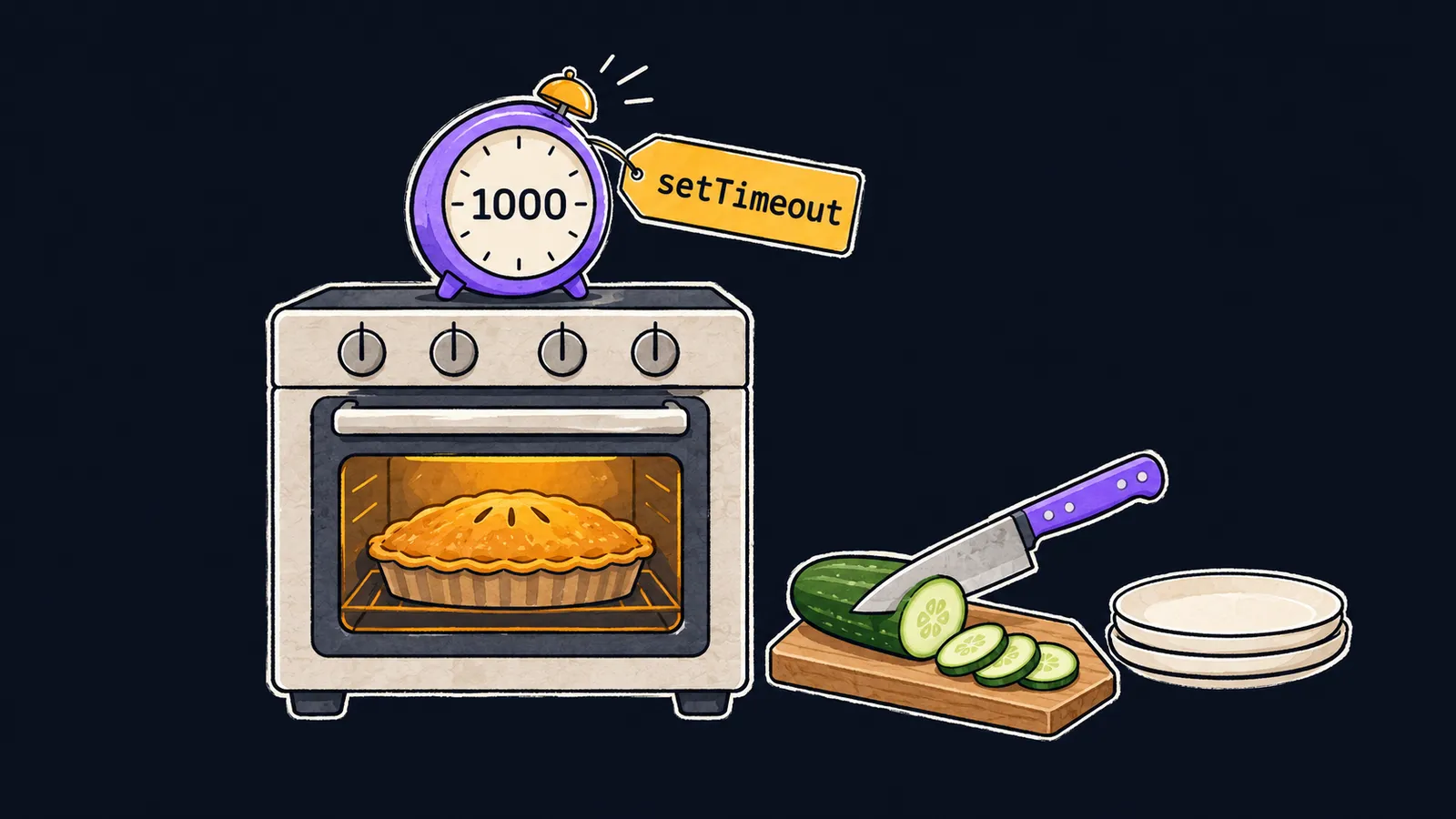 An oven with a pie and a kitchen timer setTimeout at 1000, while other work, chopping a salad, goes on beside it