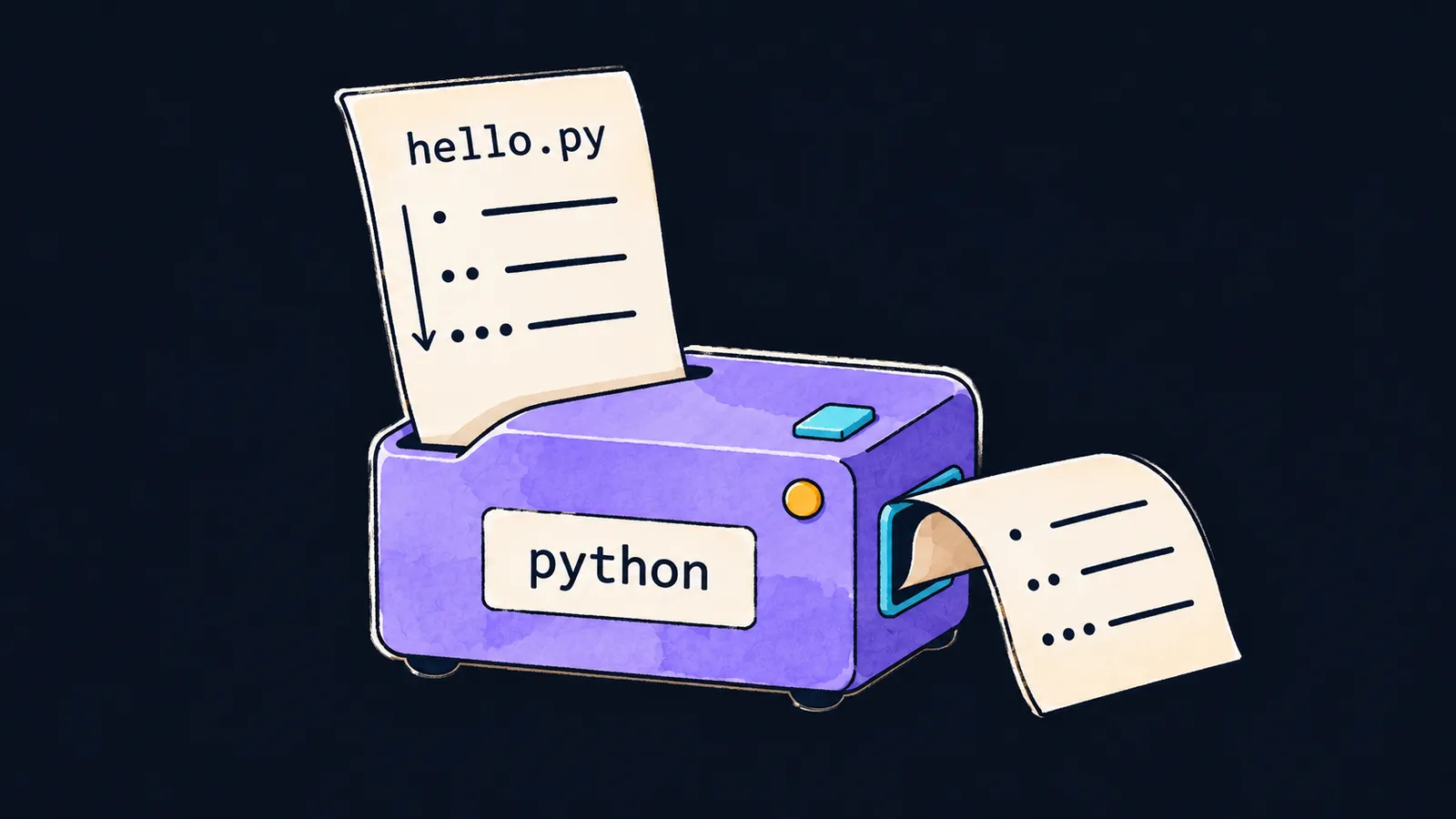 A sheet hello.py goes into a machine python, and a ribbon with three lines comes out in the same order