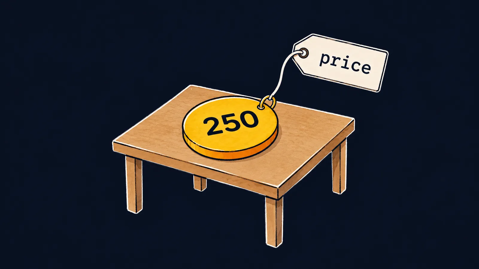 A tag price on a long string is tied to a token 250 and only points at it