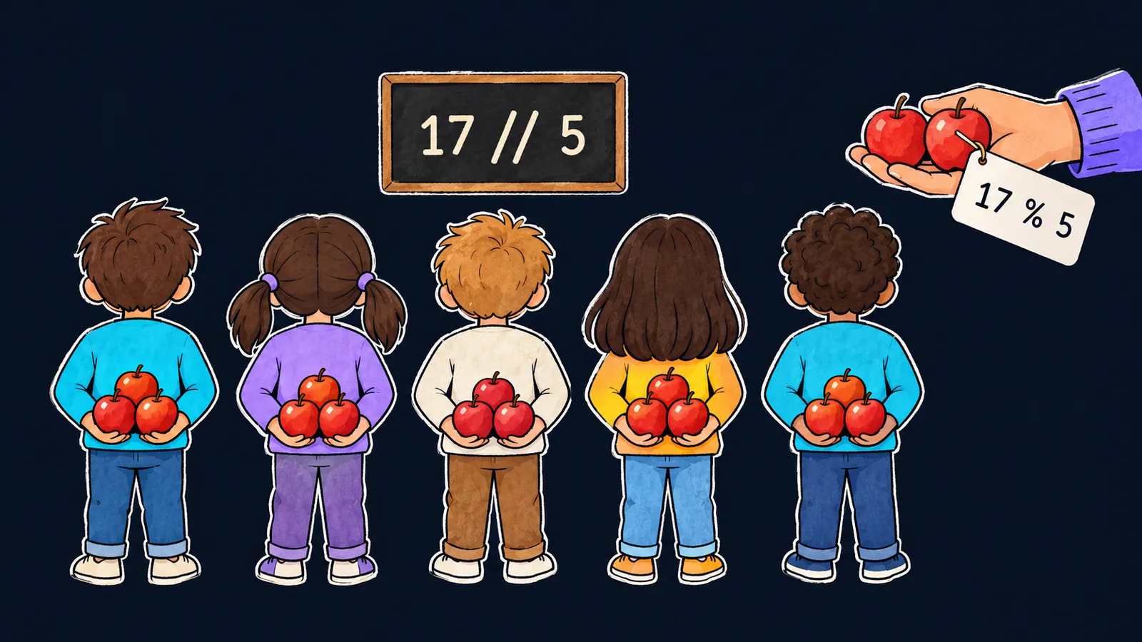 An adult shares 17 apples between five children, three each, and two apples tagged 17 % 5 stay in the adult's hand