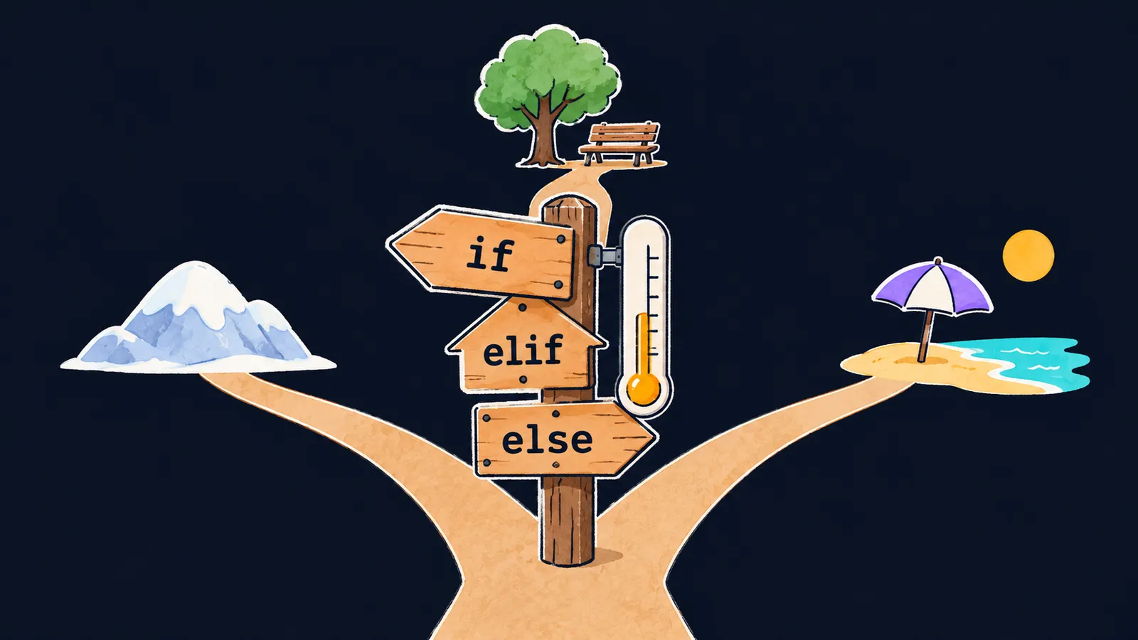 A three-way fork with a thermometer on the signpost: if to a snowy hill, elif to a bench, else to a beach