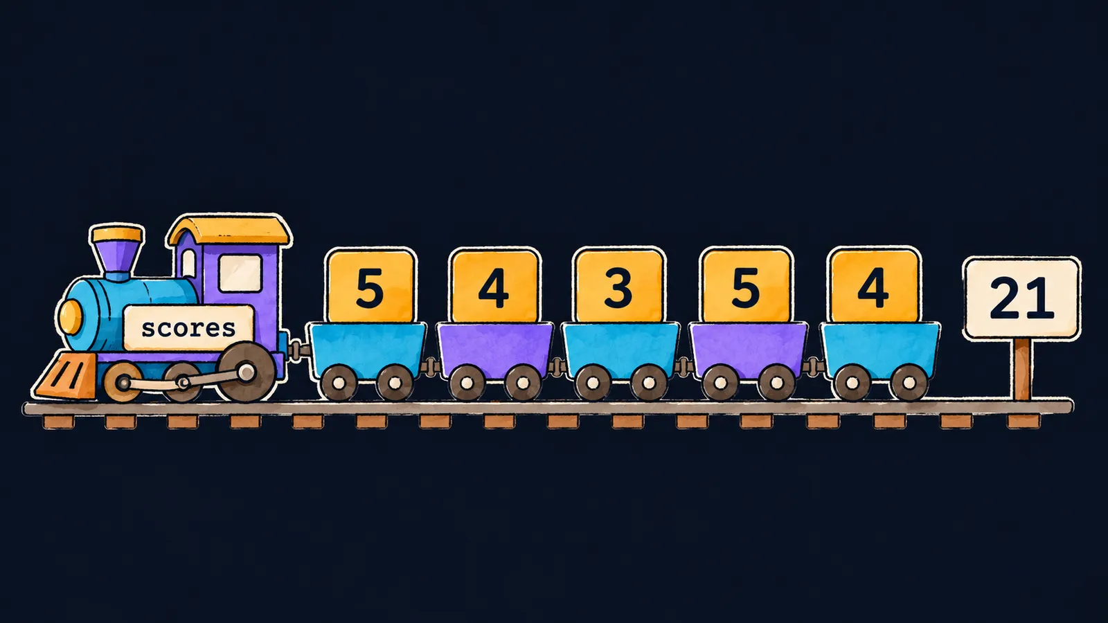 A train scores of five wagons carrying the tiles 5 4 3 5 4 and a board 21 at the end of the track
