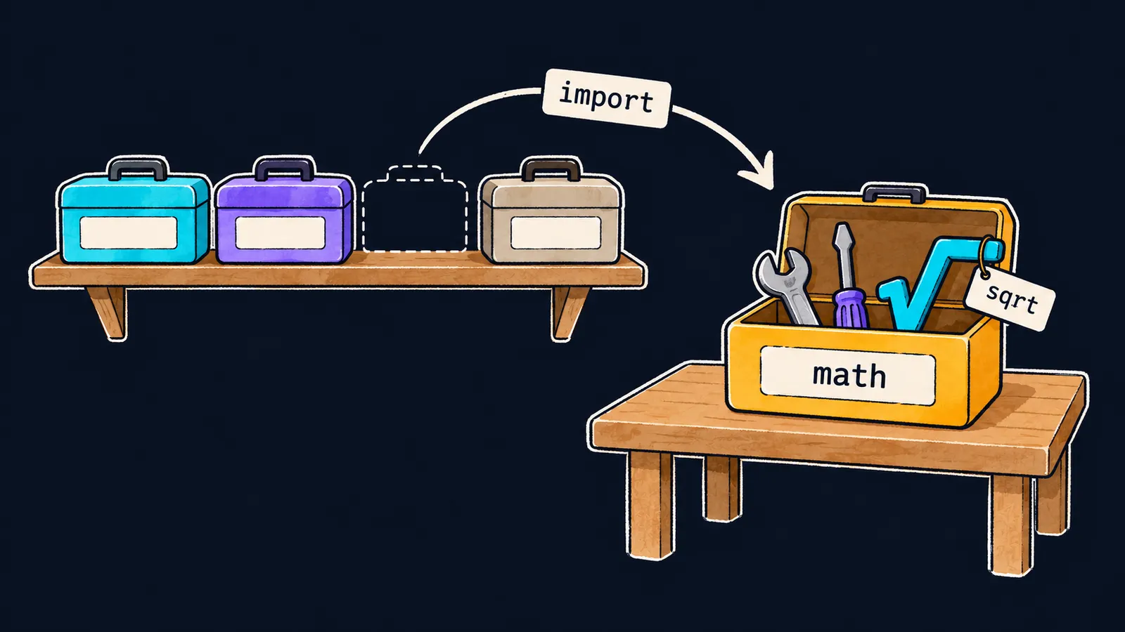 A toolbox math moves from the shelf to the bench along an arrow import, with a tool sqrt inside